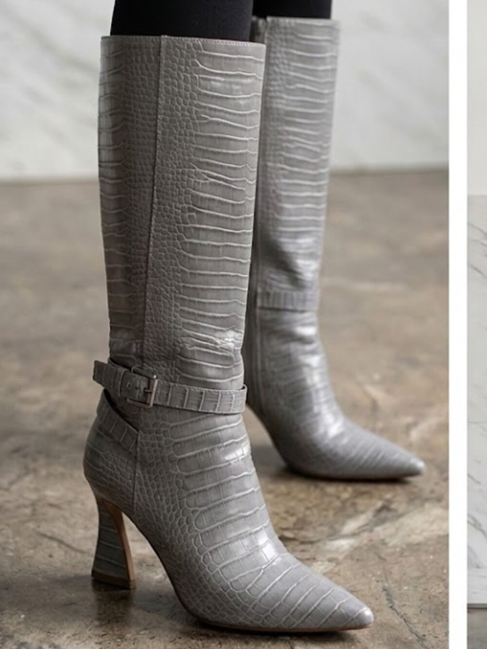 Charles By Charles David Linguist Croc Gray Mid Calf Heeled Boots Womens 9M